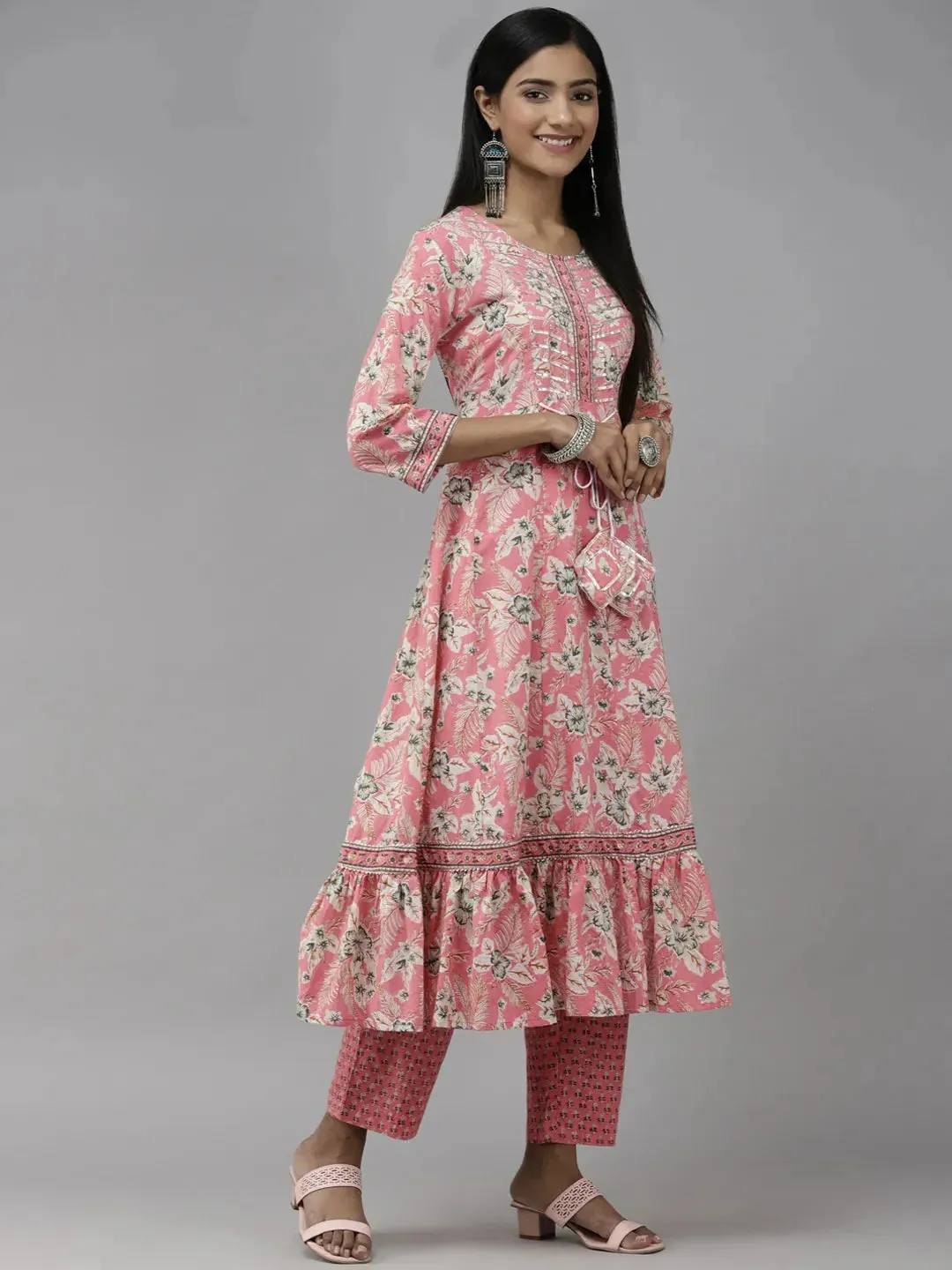 Pink Floral Printed Dupatta Set