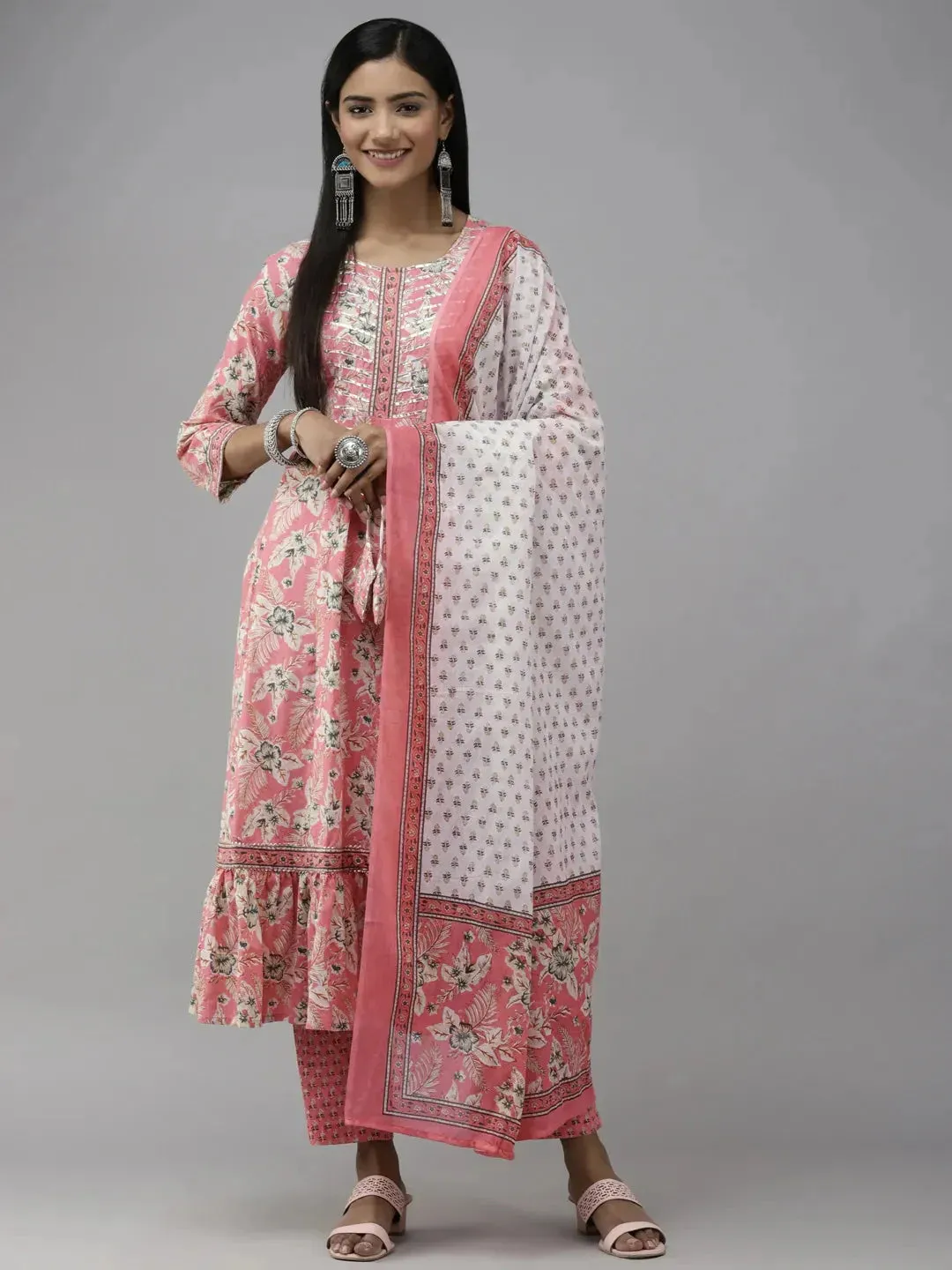 Pink Floral Printed Dupatta Set