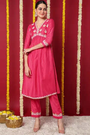 Pink Silk Blend Solid Embroidered Flared Kurta Set