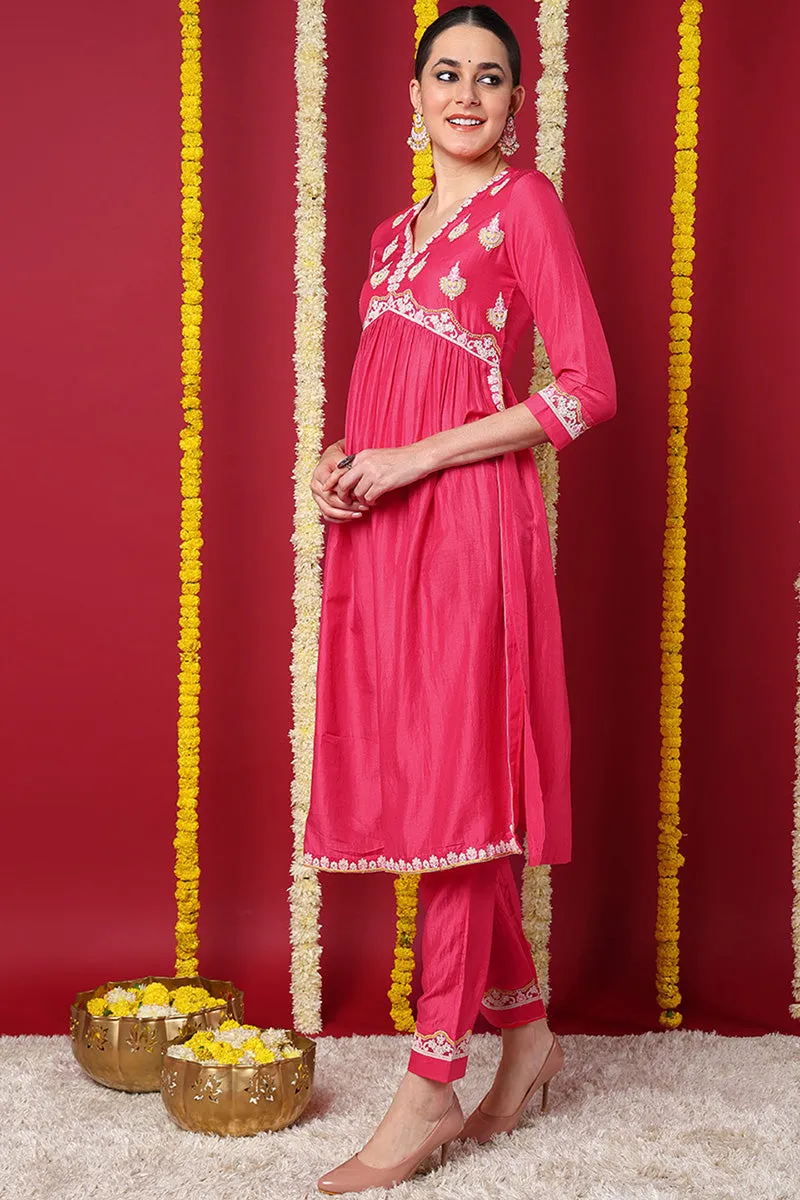 Pink Silk Blend Solid Embroidered Flared Kurta Set