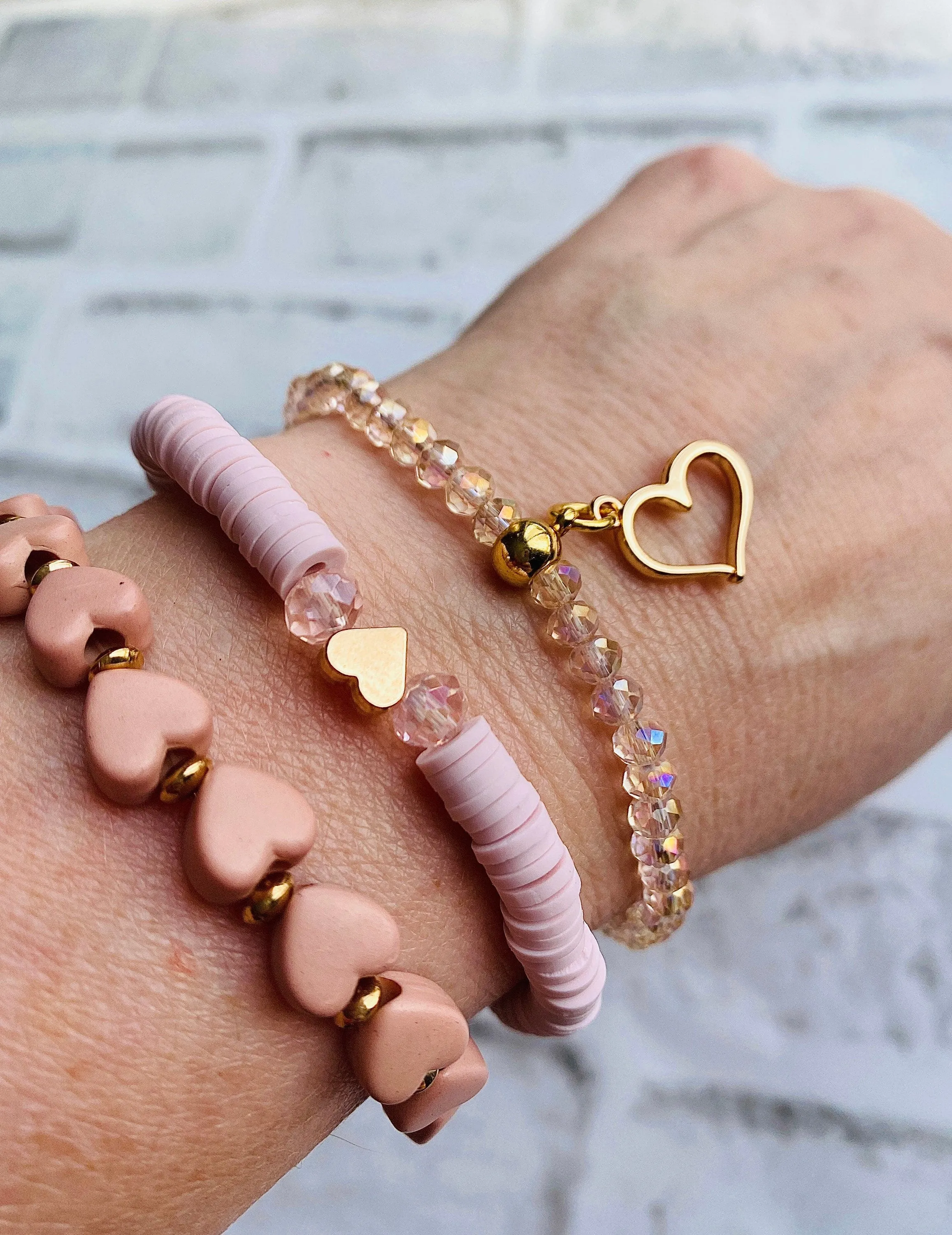 Pink Stacking Bracelets/Stretch Bracelets/Layering Bracelets/Pink and Gold Jewelry/Heart Jewelry