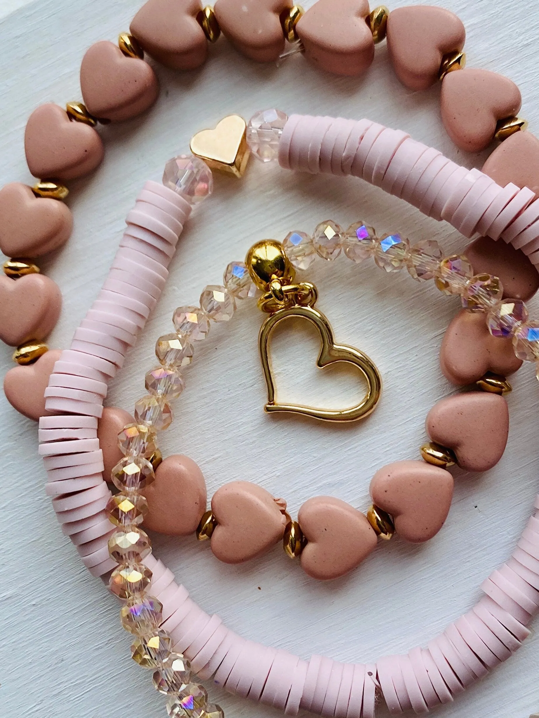 Pink Stacking Bracelets/Stretch Bracelets/Layering Bracelets/Pink and Gold Jewelry/Heart Jewelry