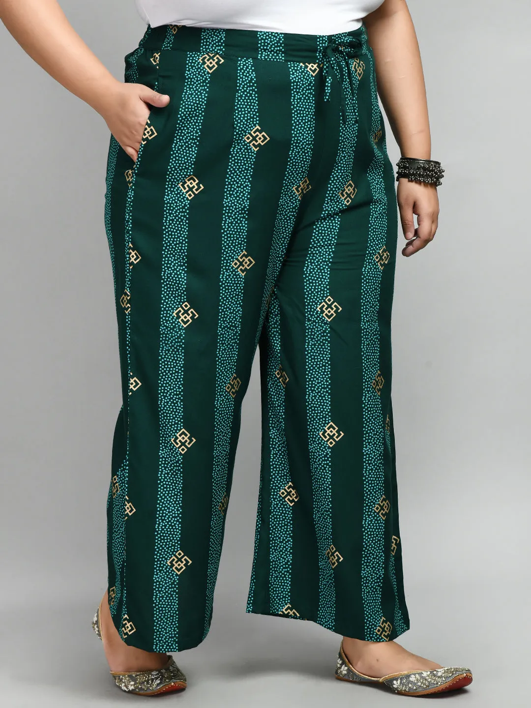 Plus Size Pigment Bottle Green Printed Palazzo