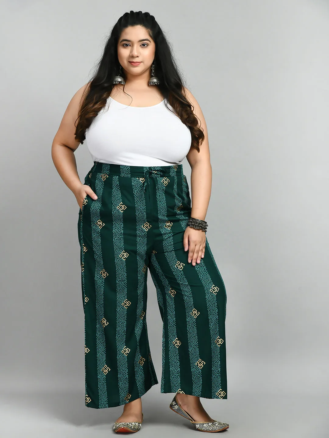 Plus Size Pigment Bottle Green Printed Palazzo