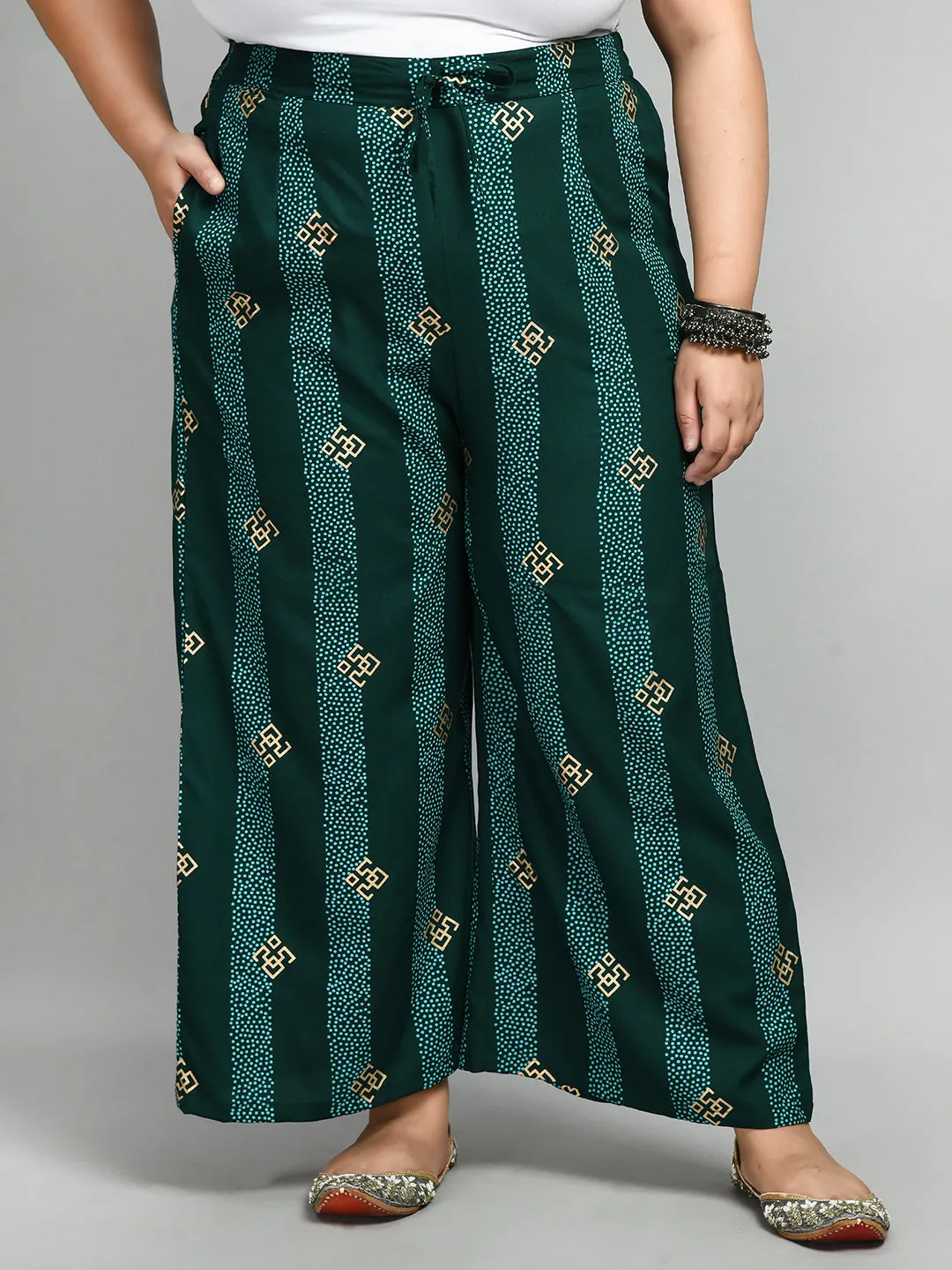 Plus Size Pigment Bottle Green Printed Palazzo