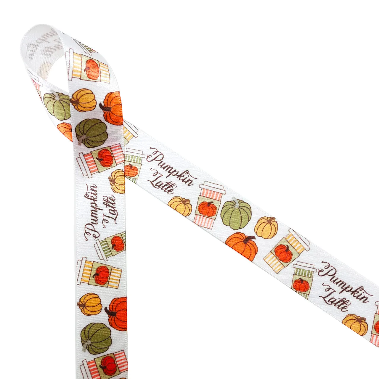 Pumpkin Latte ribbon with  brown script, orange striped coffee cups, and tossed pumpkins printed on 7/8" white satin ribbon