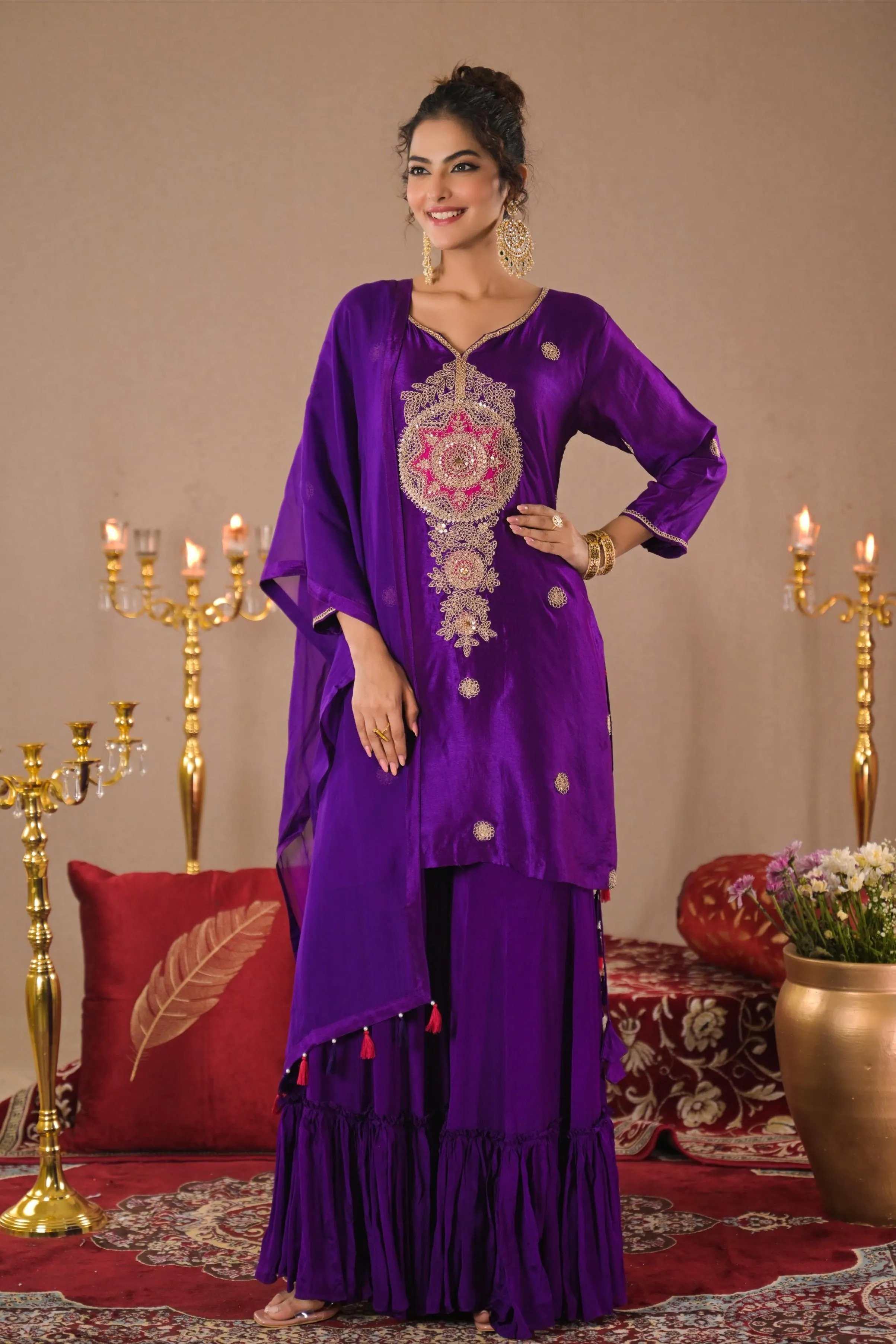 Purple Embroidered German Silk Sharara Set