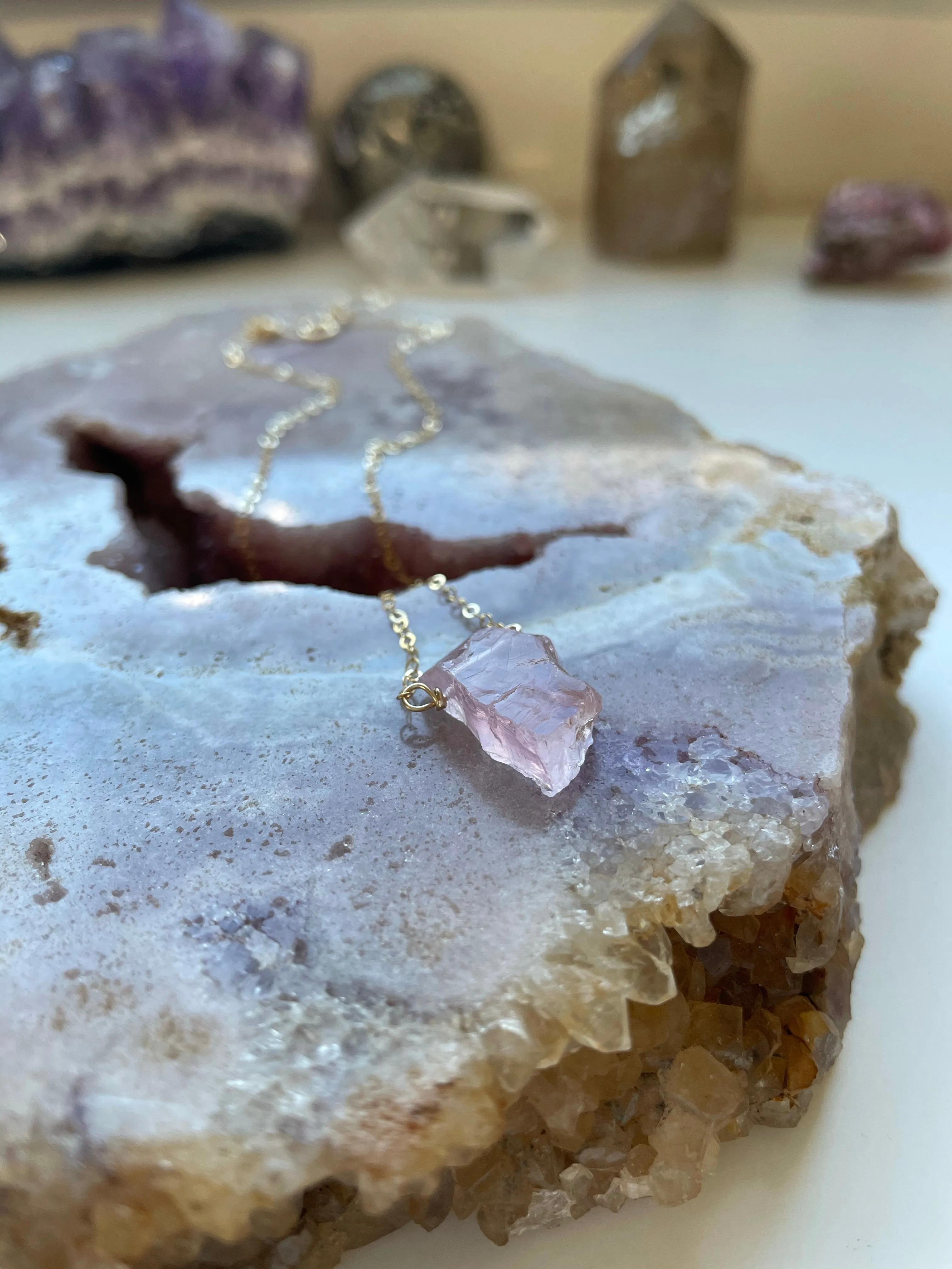 Raw Rose Quartz Crystal Healing Necklace Silver or Gold Filled