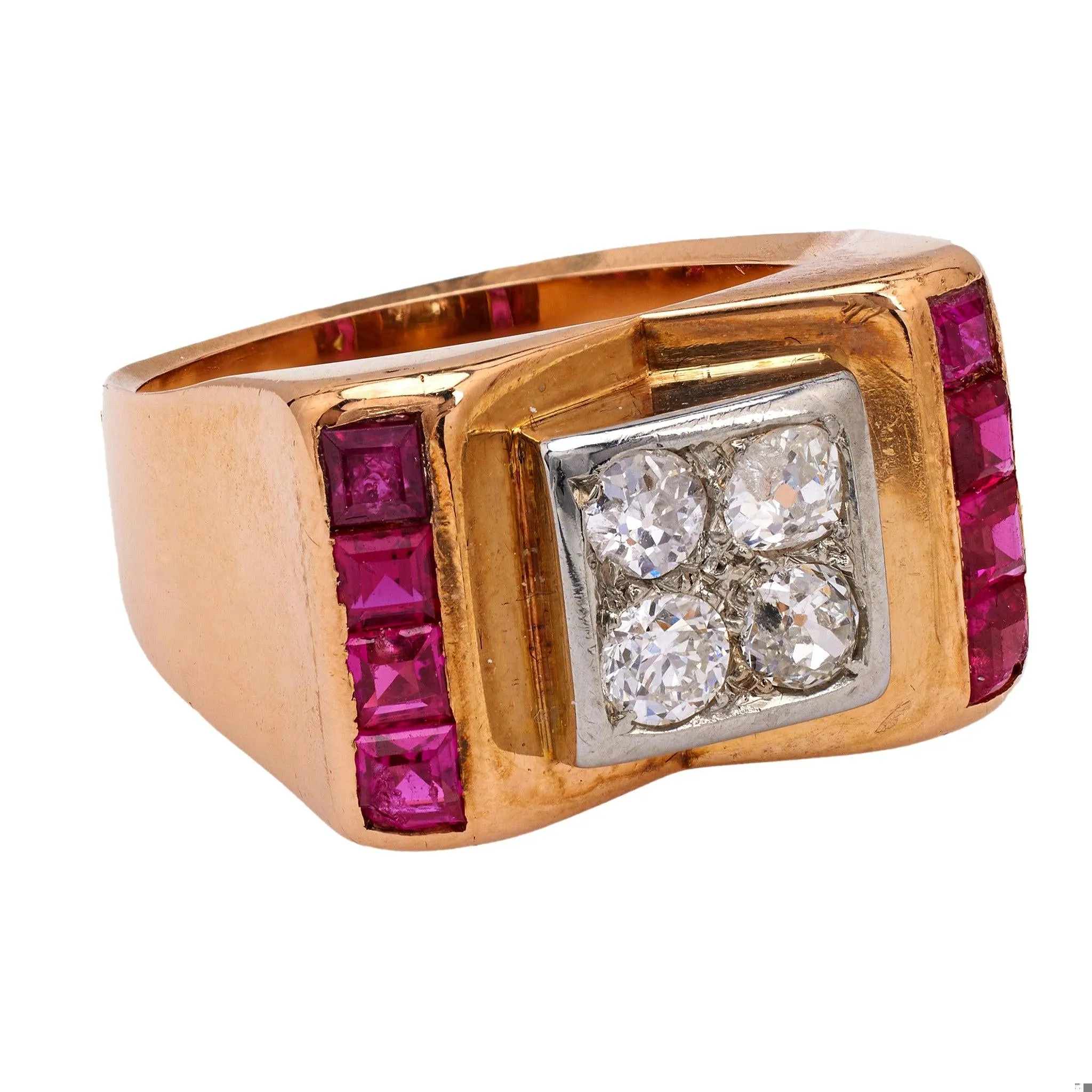 Retro French Diamond and Ruby 18k Two Tone Gold Tank Ring