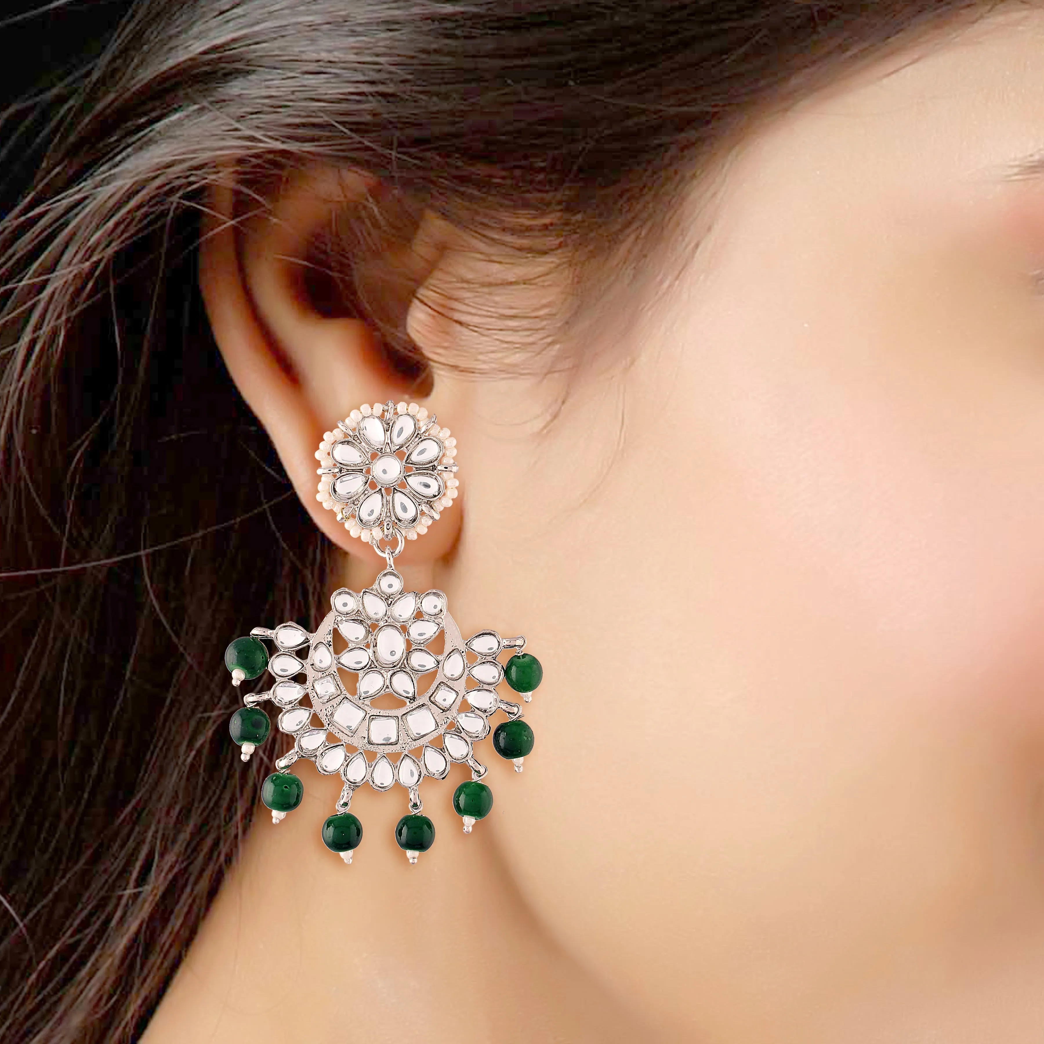 Rhodium Plated With Stunning Matte Finish Traditional Kundan & Faux Pearl Chandbali Earrings With Maang Tikka Set