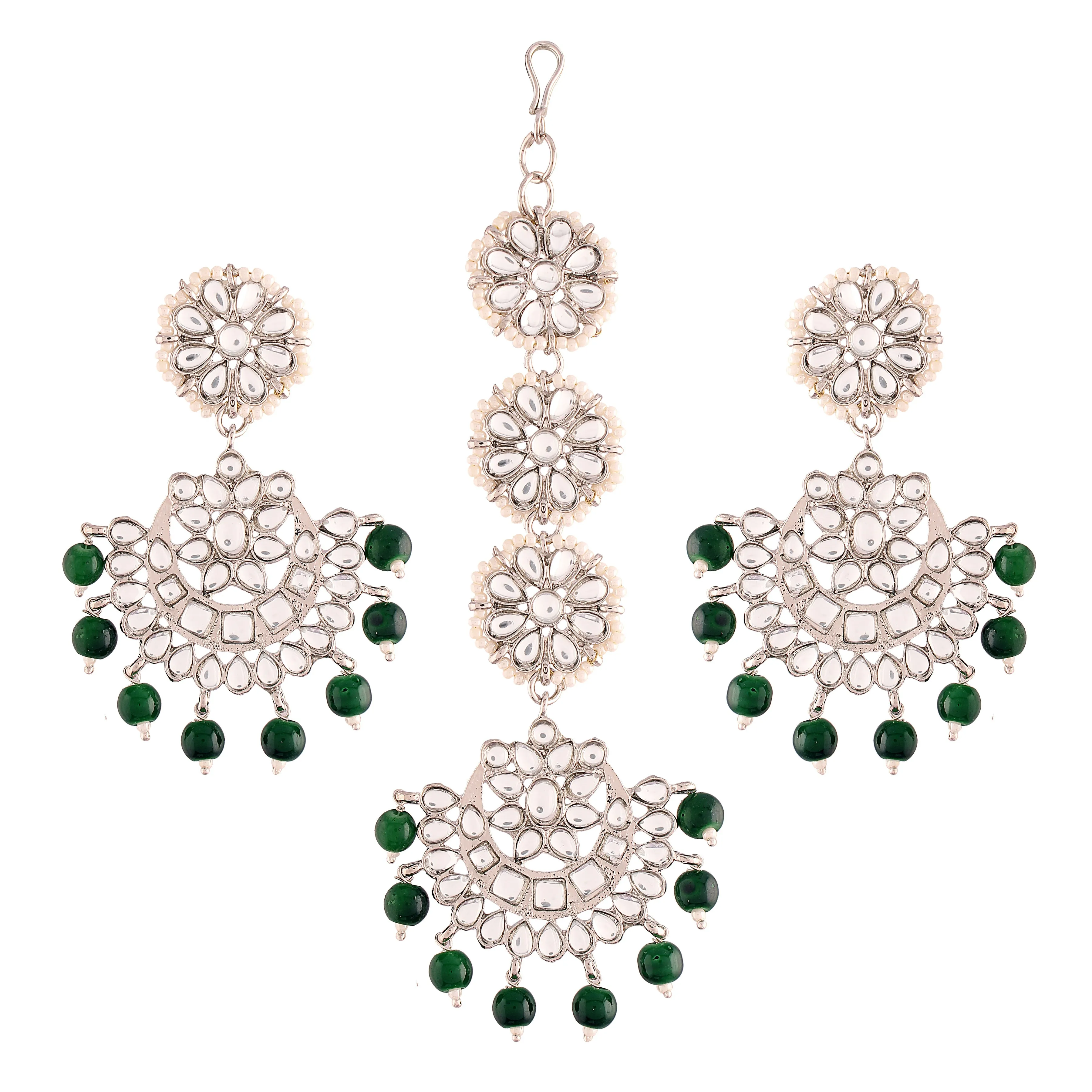 Rhodium Plated With Stunning Matte Finish Traditional Kundan & Faux Pearl Chandbali Earrings With Maang Tikka Set