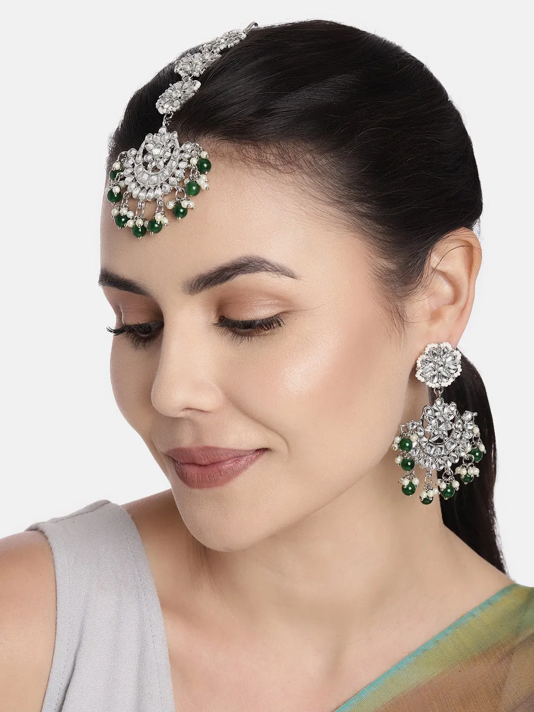 Rhodium Plated With Stunning Matte Finish Traditional Kundan & Faux Pearl Chandbali Earrings With Maang Tikka Set