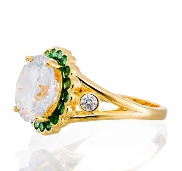 Round Cut and Emerald Accent Cubic Zirconia Halo Engagement Ring - Yellow Gold Plated Sterling Silver