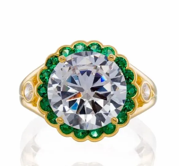 Round Cut and Emerald Accent Cubic Zirconia Halo Engagement Ring - Yellow Gold Plated Sterling Silver