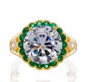 Round Cut and Emerald Accent Cubic Zirconia Halo Engagement Ring - Yellow Gold Plated Sterling Silver