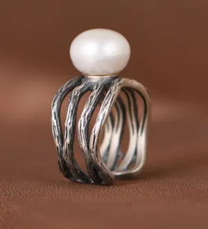 S925 Silver Ring Vintage Artistic Freshwater Pearl Women's Open Ring 0022