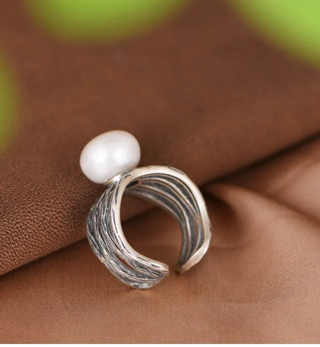 S925 Silver Ring Vintage Artistic Freshwater Pearl Women's Open Ring 0022