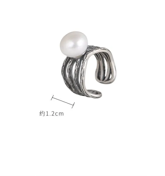 S925 Silver Ring Vintage Artistic Freshwater Pearl Women's Open Ring 0022