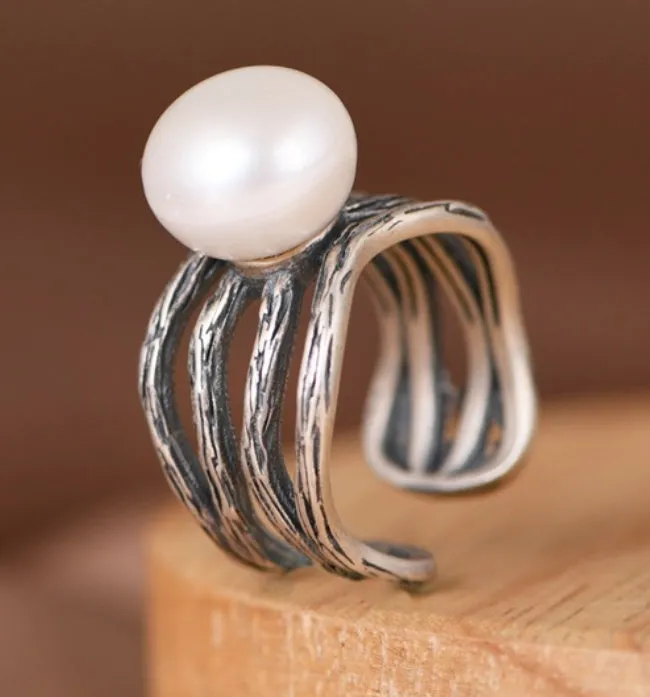 S925 Silver Ring Vintage Artistic Freshwater Pearl Women's Open Ring 0022