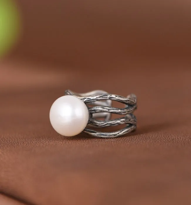 S925 Silver Ring Vintage Artistic Freshwater Pearl Women's Open Ring 0022