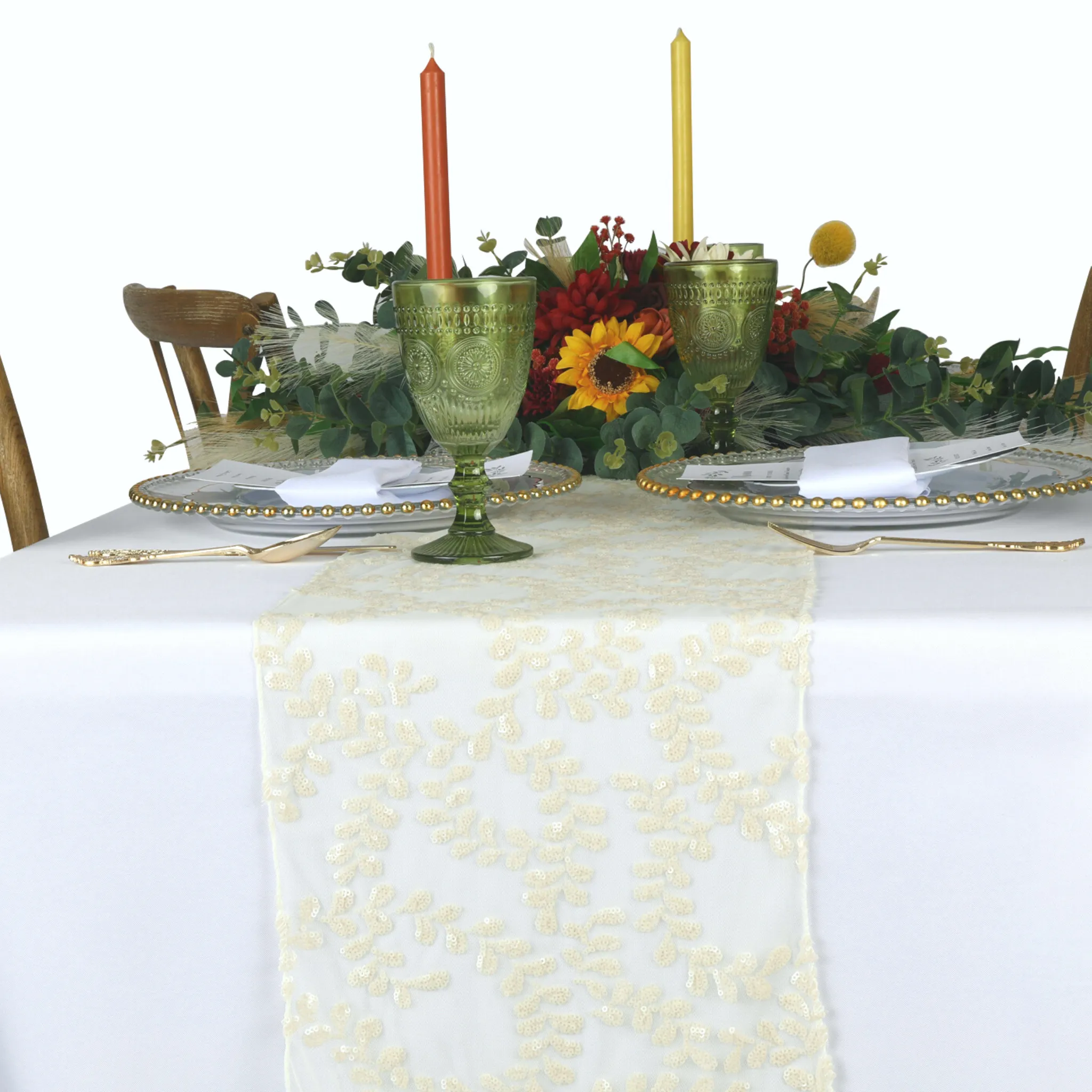 Sequin Vine Table Runner - Light Ivory/Off White