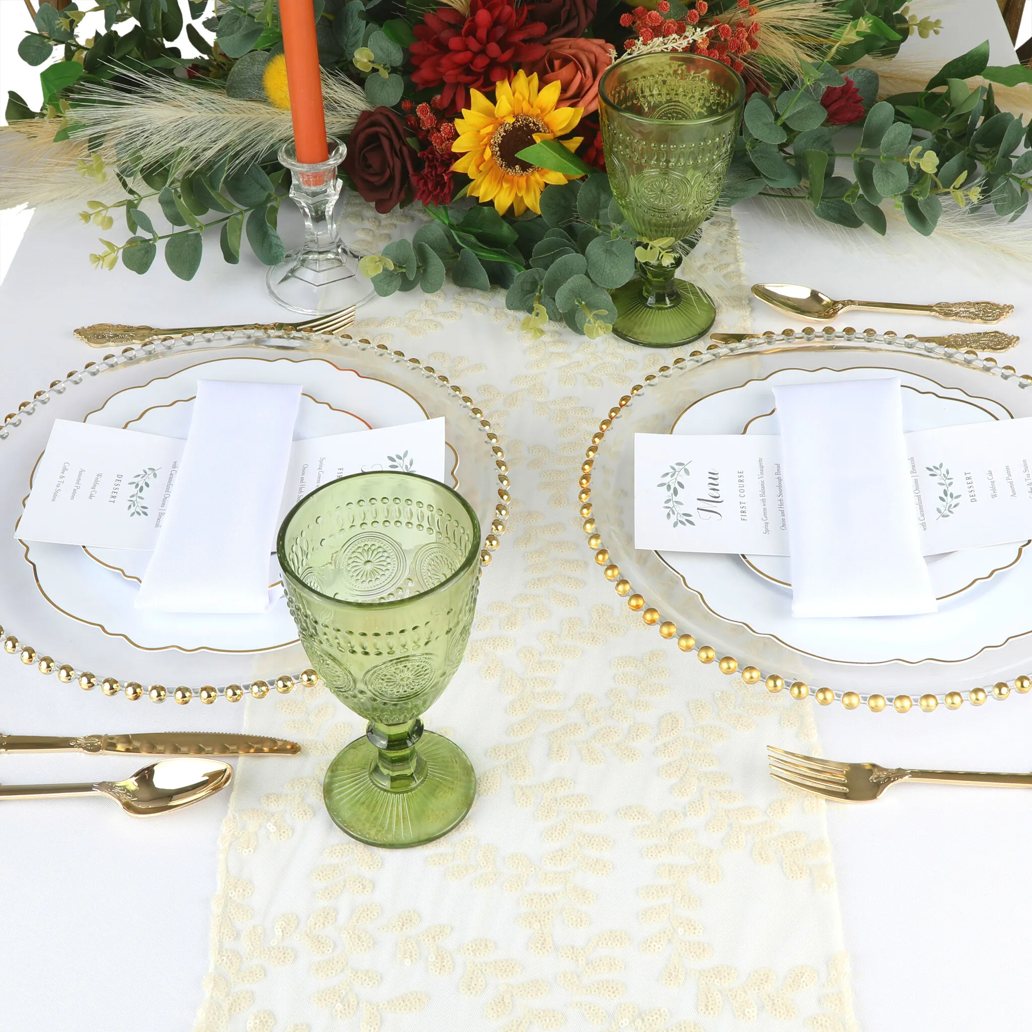 Sequin Vine Table Runner - Light Ivory/Off White