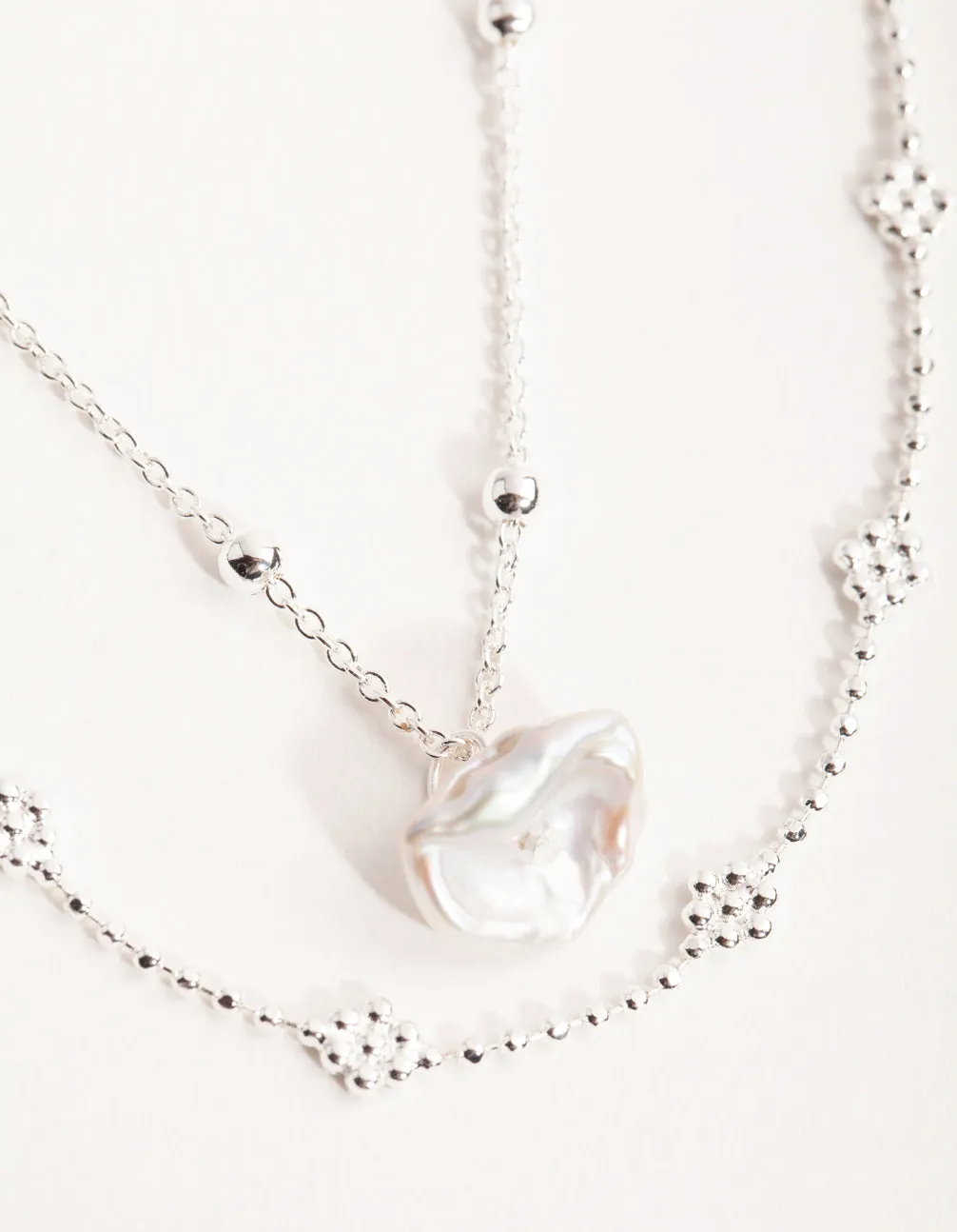 Silver Plated Mini Flower Ball & Pearl Drop Necklace