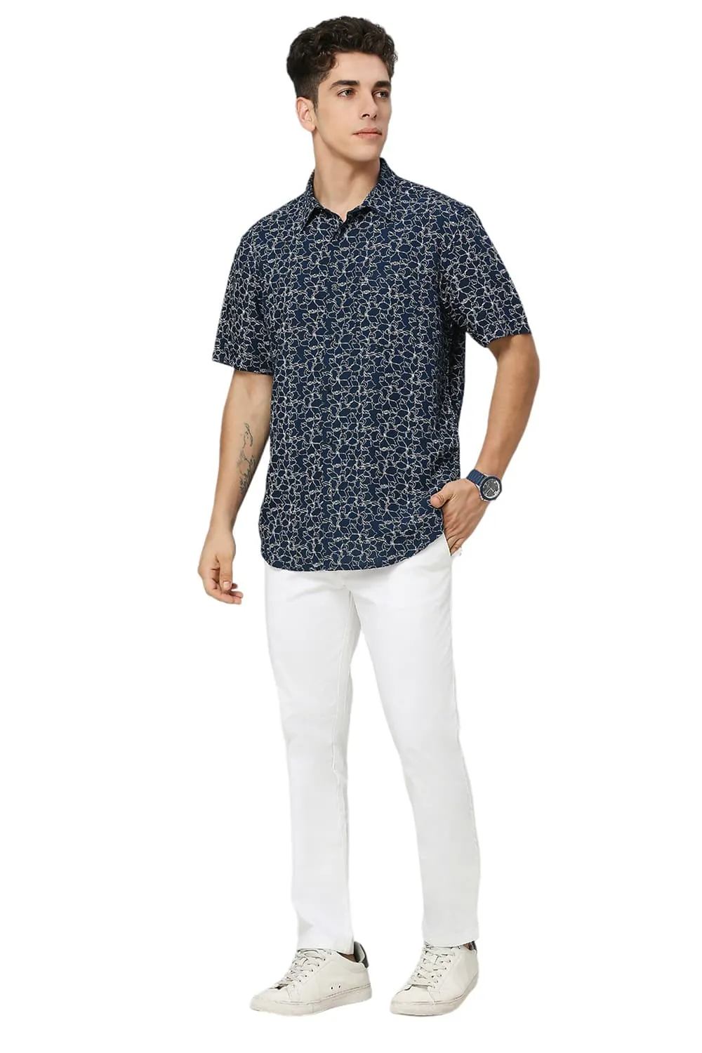 Slim Fit Viscose Linen Printed Halfsleeves Shirt