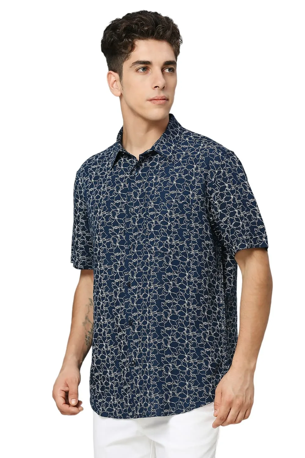 Slim Fit Viscose Linen Printed Halfsleeves Shirt