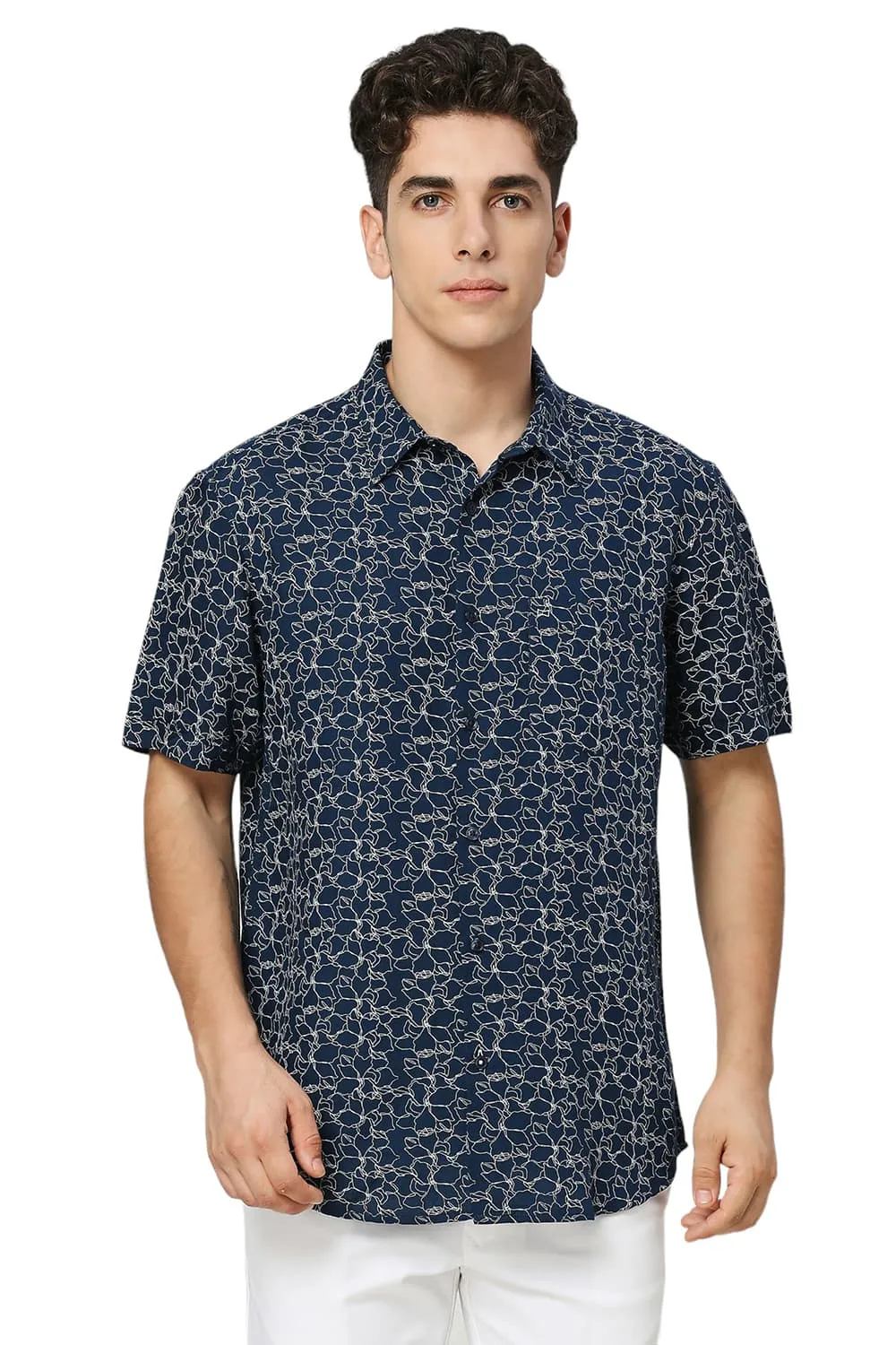 Slim Fit Viscose Linen Printed Halfsleeves Shirt