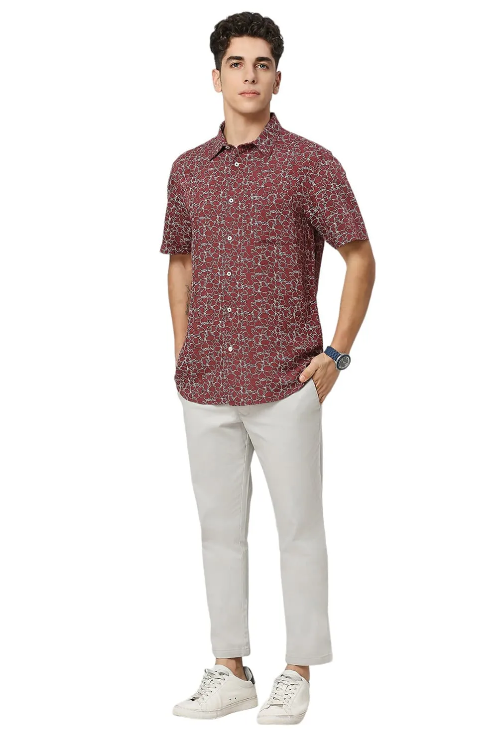 Slim Fit Viscose Linen Printed Halfsleeves Shirt