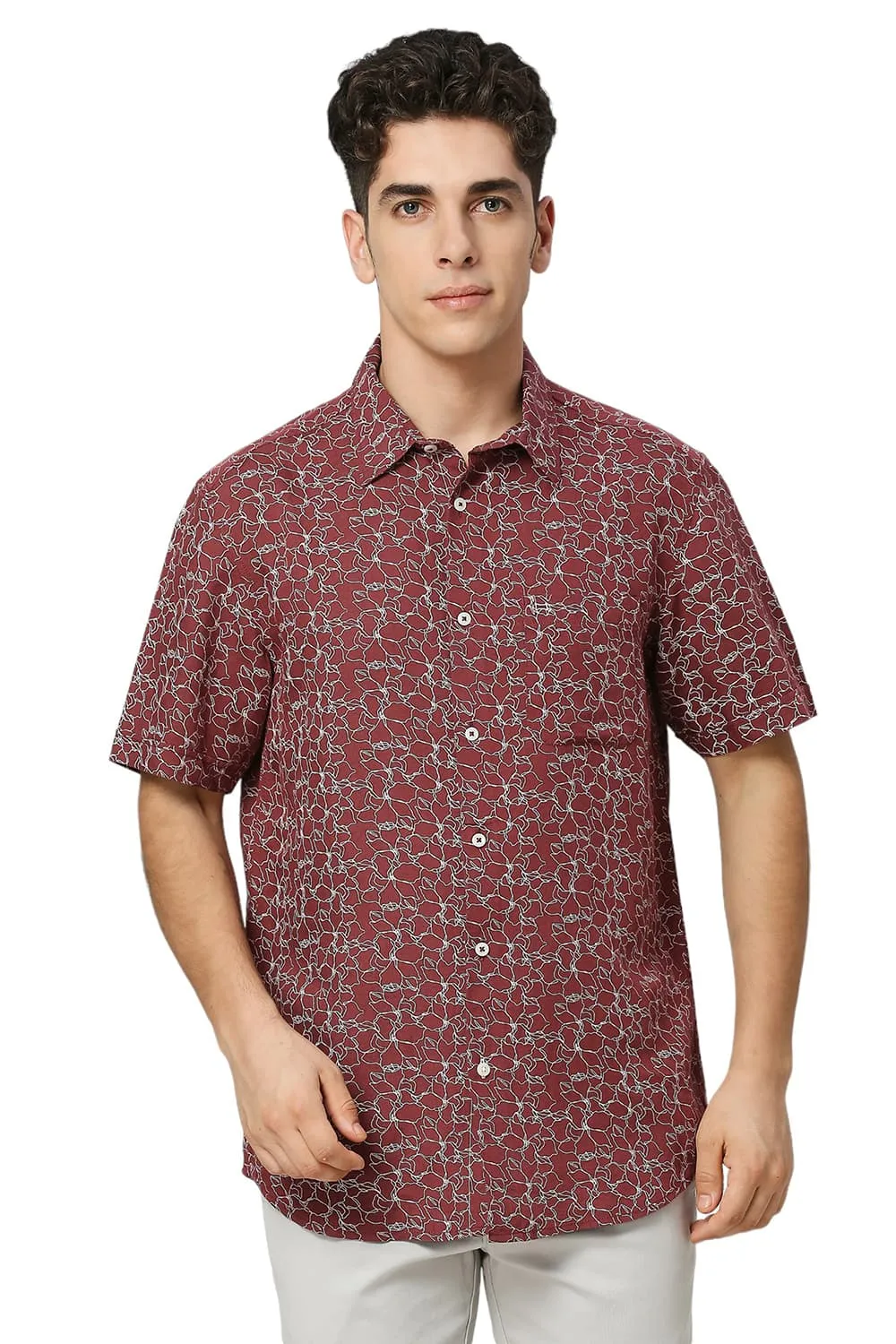 Slim Fit Viscose Linen Printed Halfsleeves Shirt