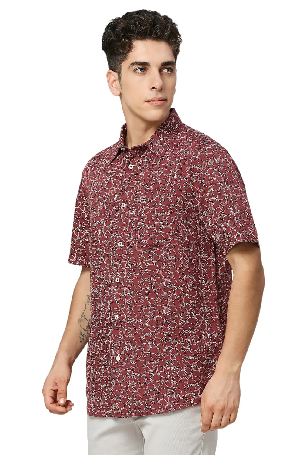 Slim Fit Viscose Linen Printed Halfsleeves Shirt