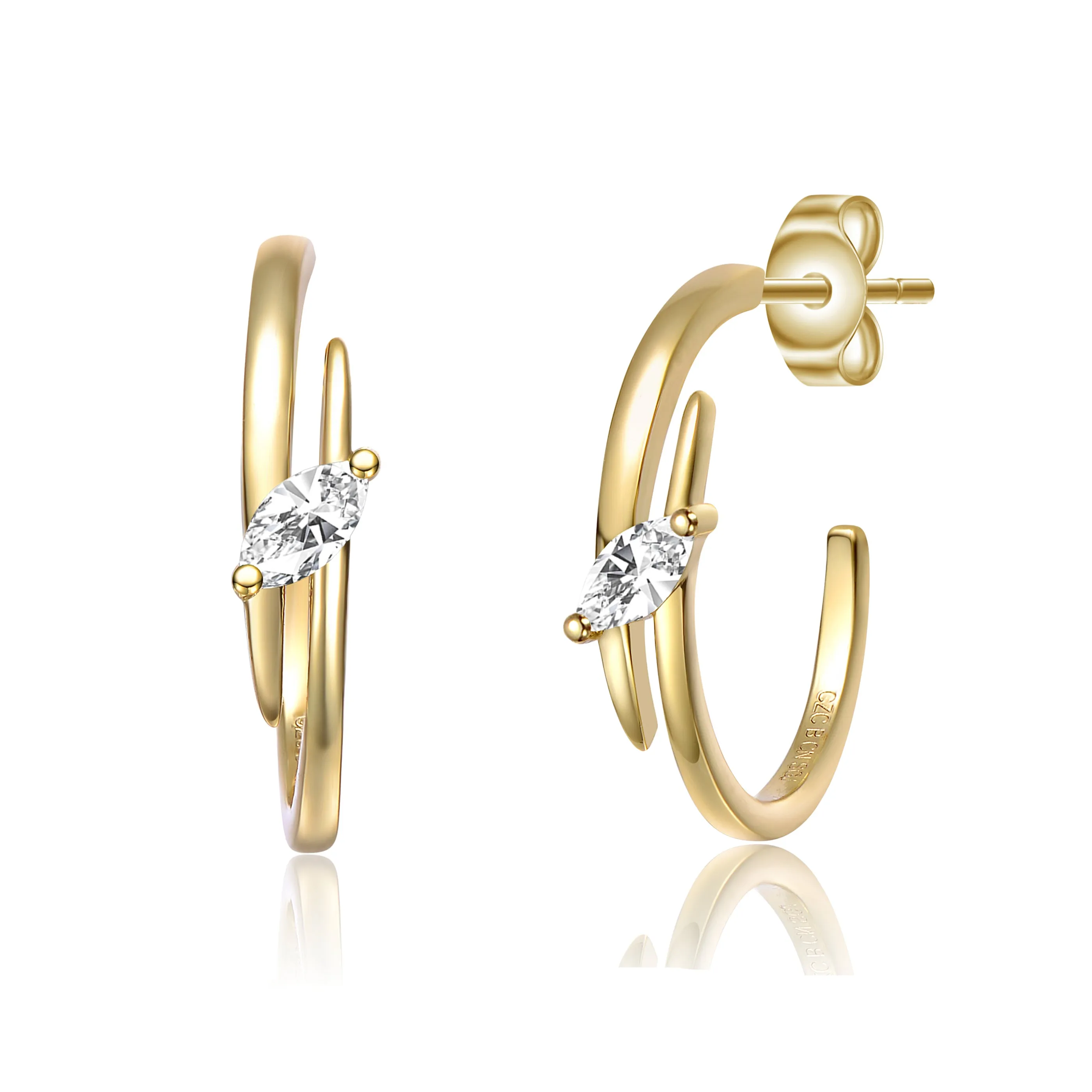 Sterling Silver 14k Gold Plated Cubic Zirconia Double Curve C-Hoop Earrings