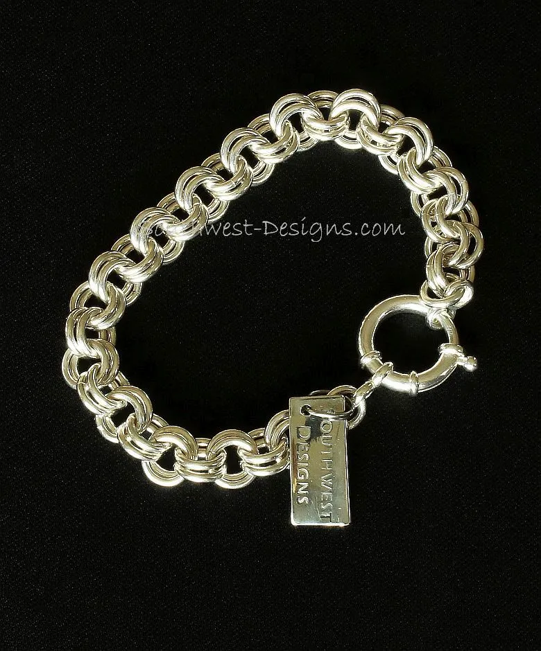 Sterling Silver 9.2mm Two-By-Two Chain Maille Bracelet with 18mm Sterling Silver Spring Ring Clasp