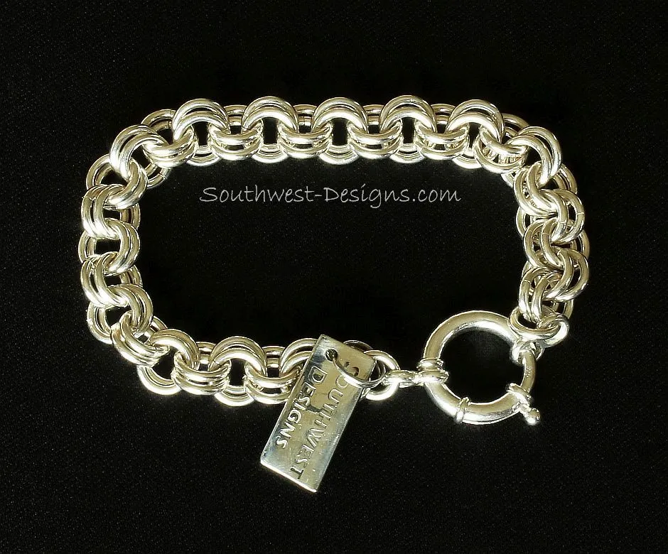 Sterling Silver 9.2mm Two-By-Two Chain Maille Bracelet with 18mm Sterling Silver Spring Ring Clasp