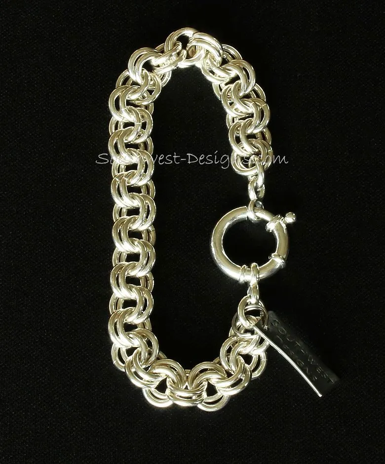 Sterling Silver 9.2mm Two-By-Two Chain Maille Bracelet with 18mm Sterling Silver Spring Ring Clasp