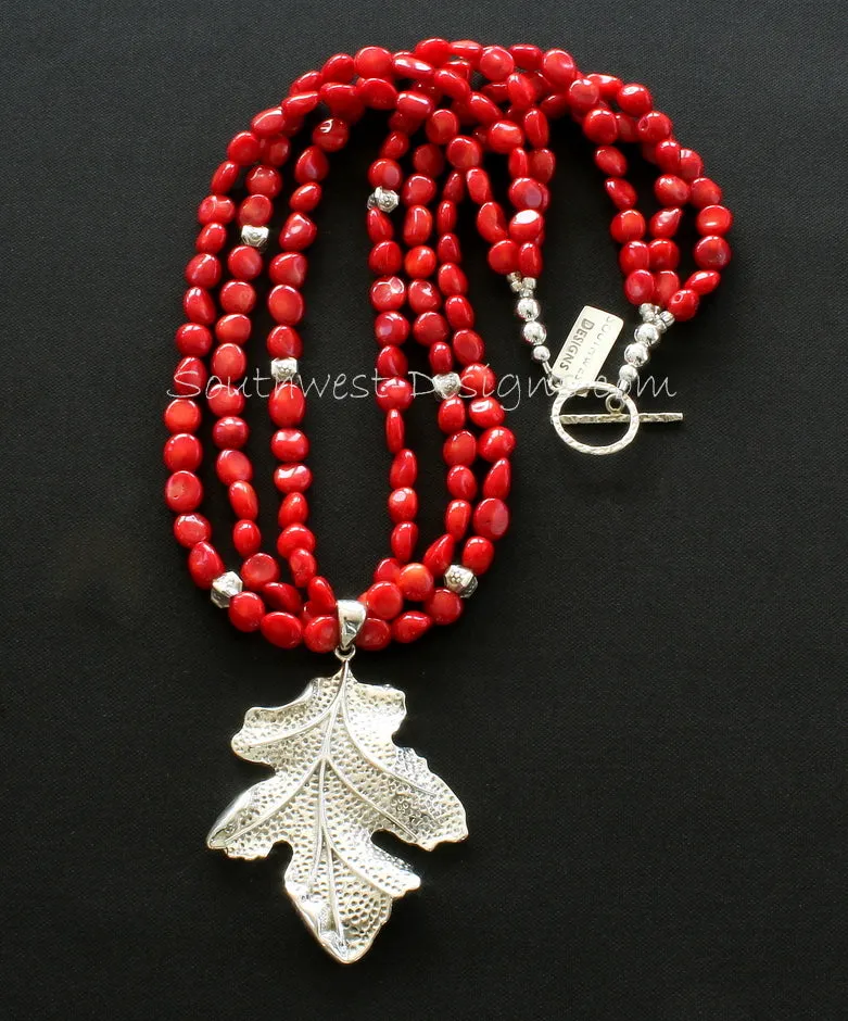 Sterling Silver Leaf Pendant with 3 Strands of Bamboo Coral Ovals, Stamped Sterling Box Beads, and Sterling Silver Toggle Clasp