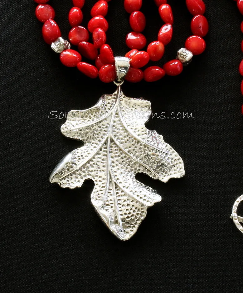 Sterling Silver Leaf Pendant with 3 Strands of Bamboo Coral Ovals, Stamped Sterling Box Beads, and Sterling Silver Toggle Clasp