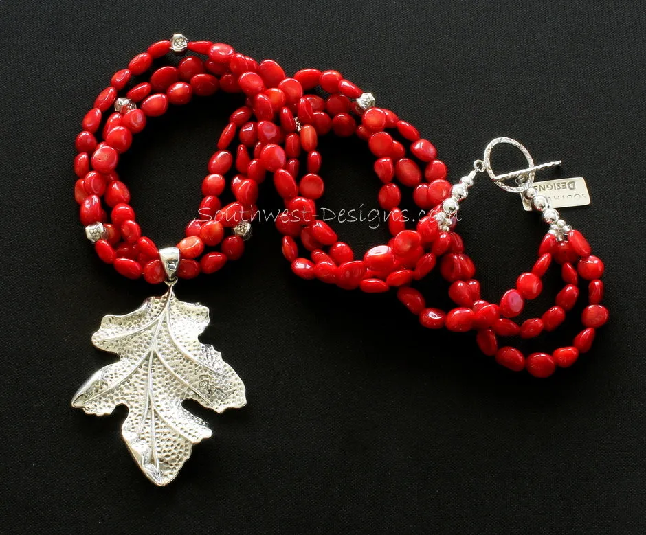 Sterling Silver Leaf Pendant with 3 Strands of Bamboo Coral Ovals, Stamped Sterling Box Beads, and Sterling Silver Toggle Clasp