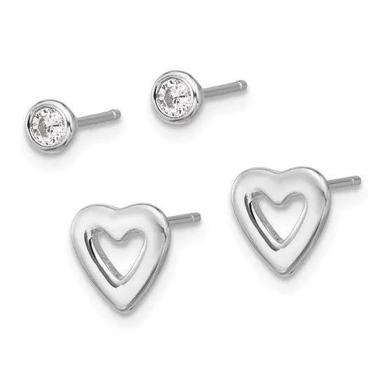 Sterling Silver Round CZ and Heart Post Earrings Set