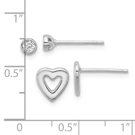 Sterling Silver Round CZ and Heart Post Earrings Set