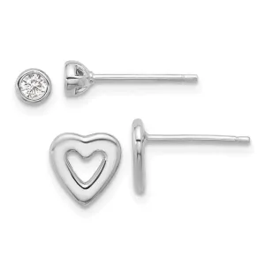 Sterling Silver Round CZ and Heart Post Earrings Set