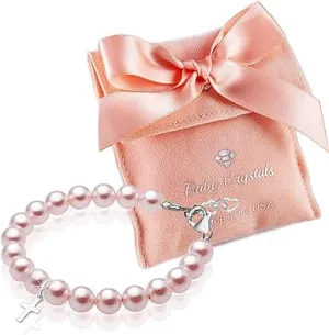 Teen Girl Sterling Silver Cross Baptism & Christening Pink Pearl Bracelet