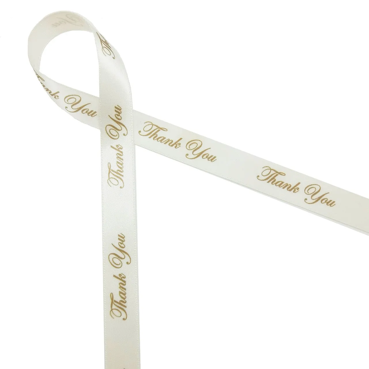 Thank You Ribbon Champagne Ink on 5/8" wide Antique White Satin Ribbon