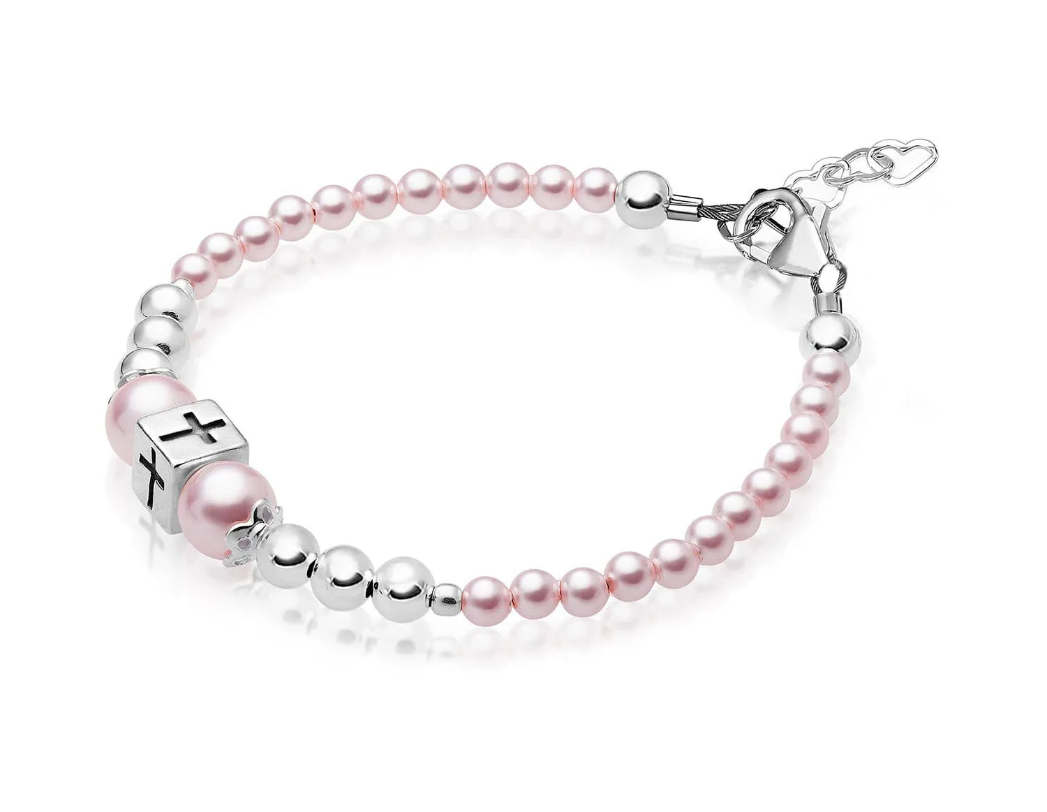 Toddler Baby Girl Sterling Silver Beads Box Cross Pink Pearl Bracelet