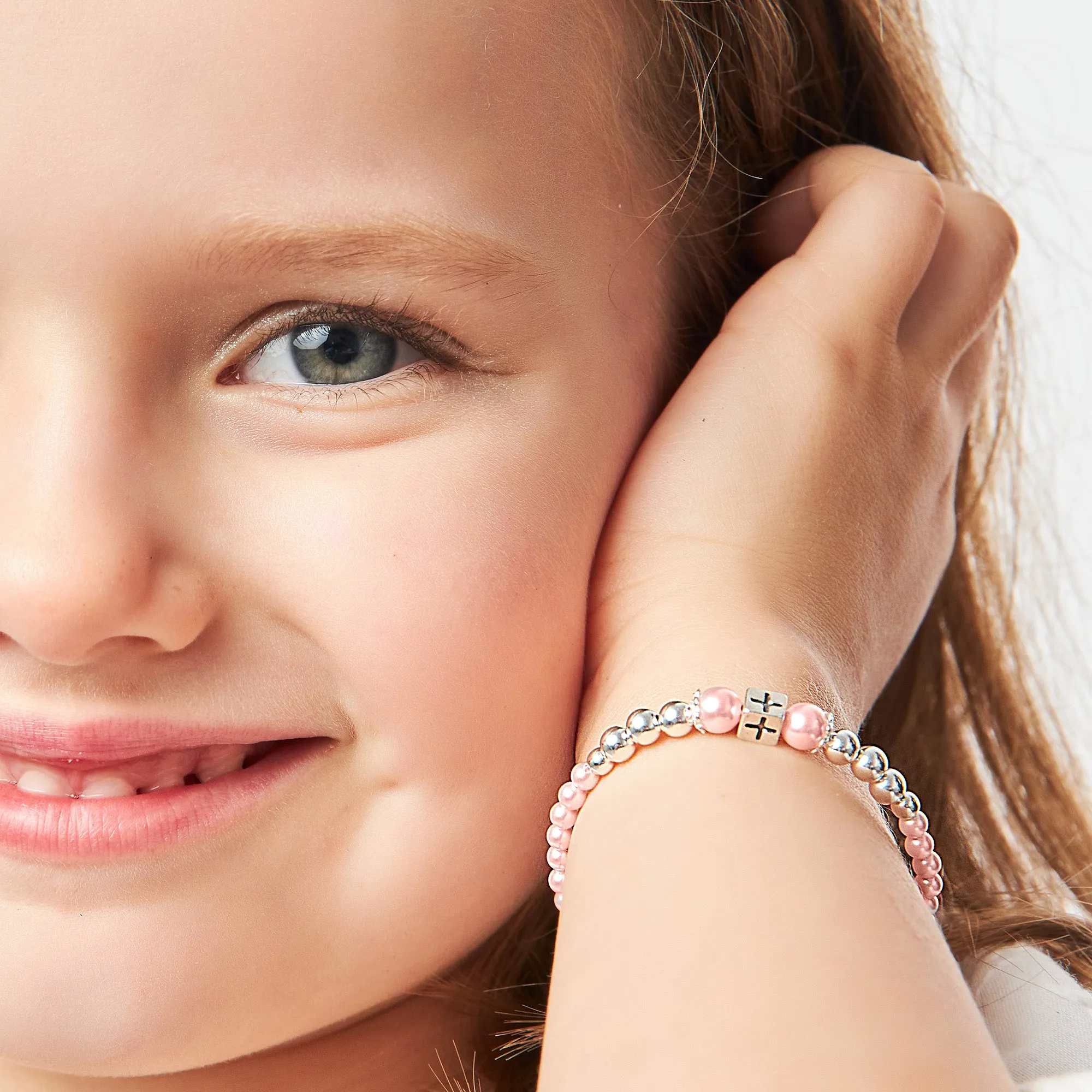 Toddler Baby Girl Sterling Silver Beads Box Cross Pink Pearl Bracelet