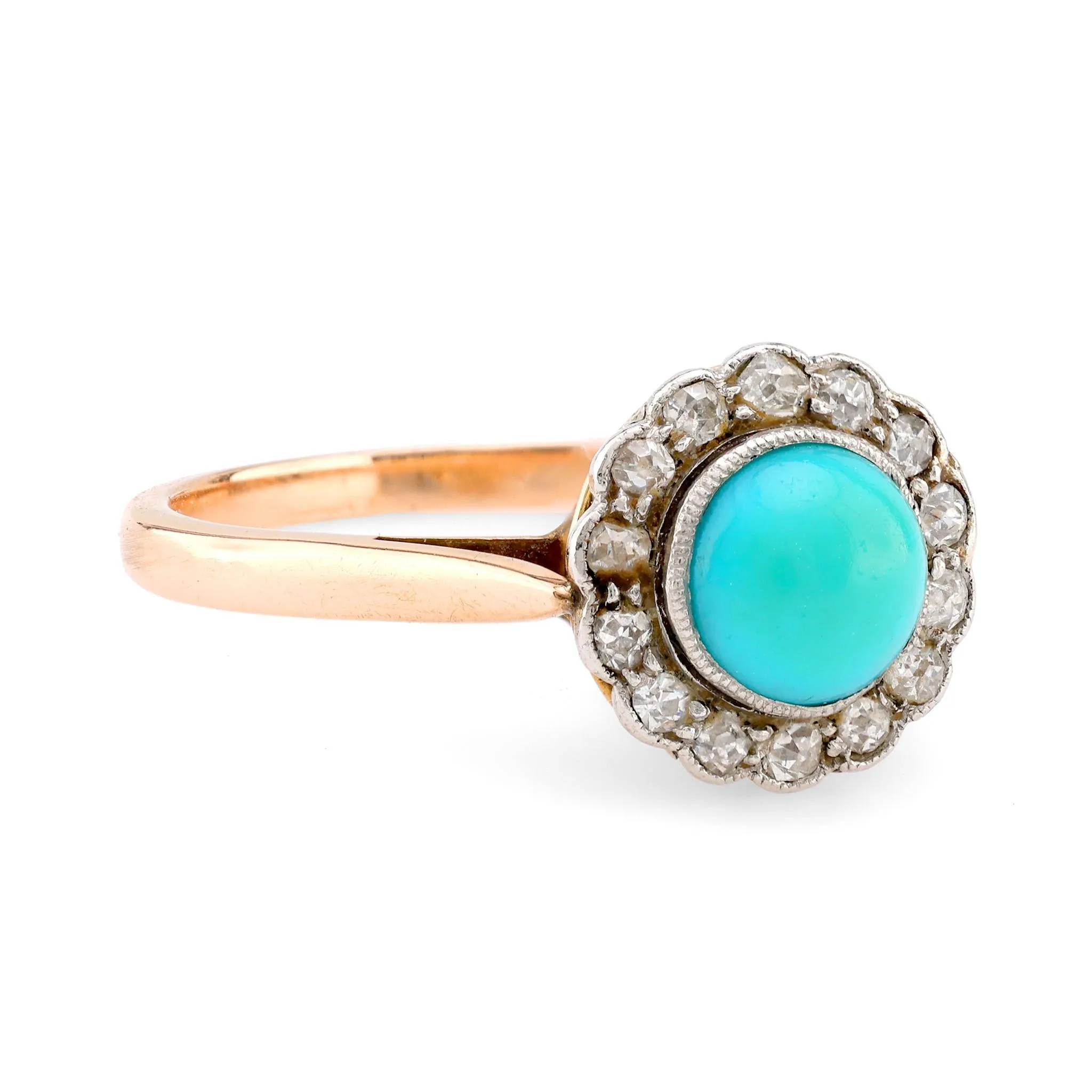 Victorian Turquoise Diamond 18K Rose and White Gold Cluster Ring