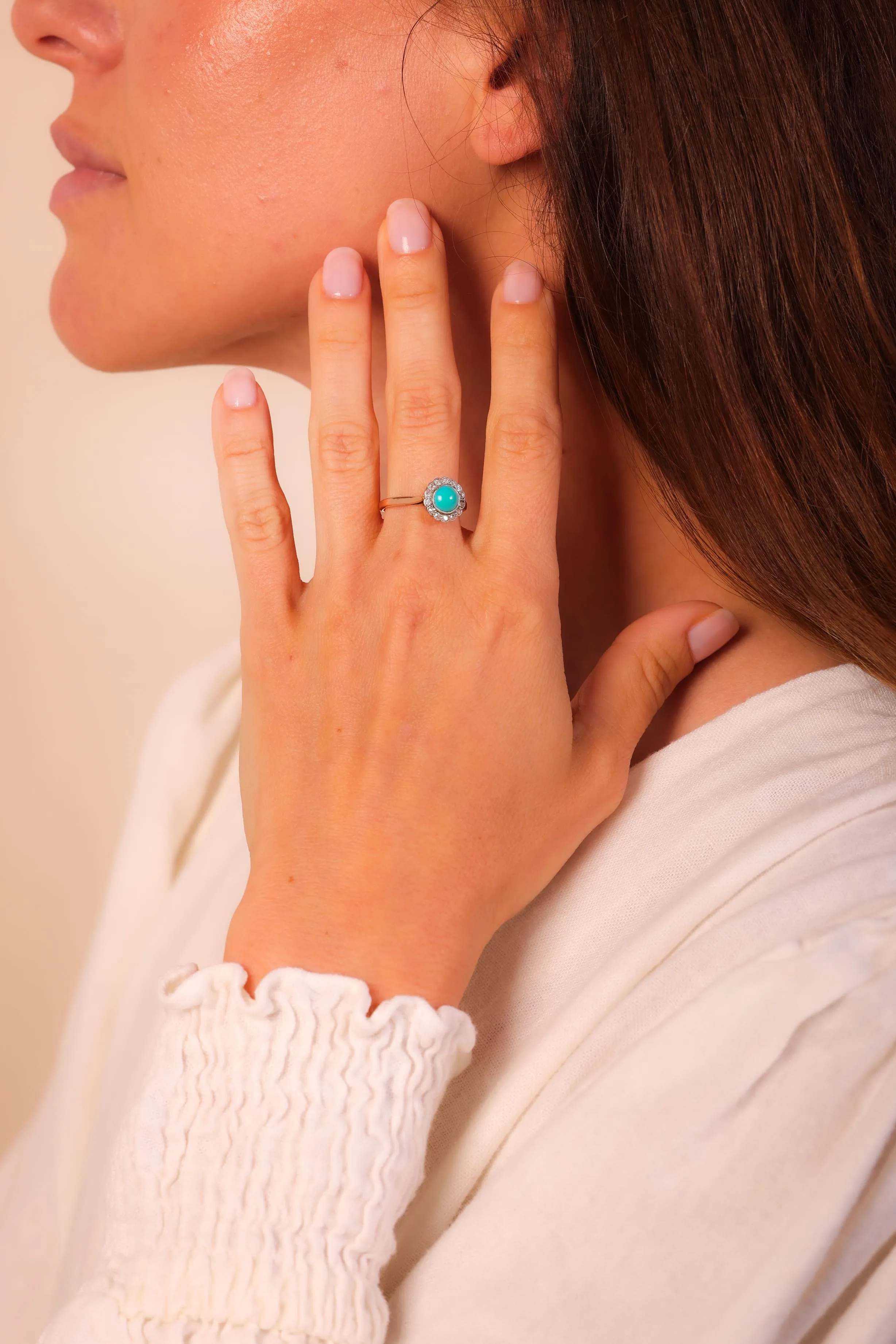 Victorian Turquoise Diamond 18K Rose and White Gold Cluster Ring