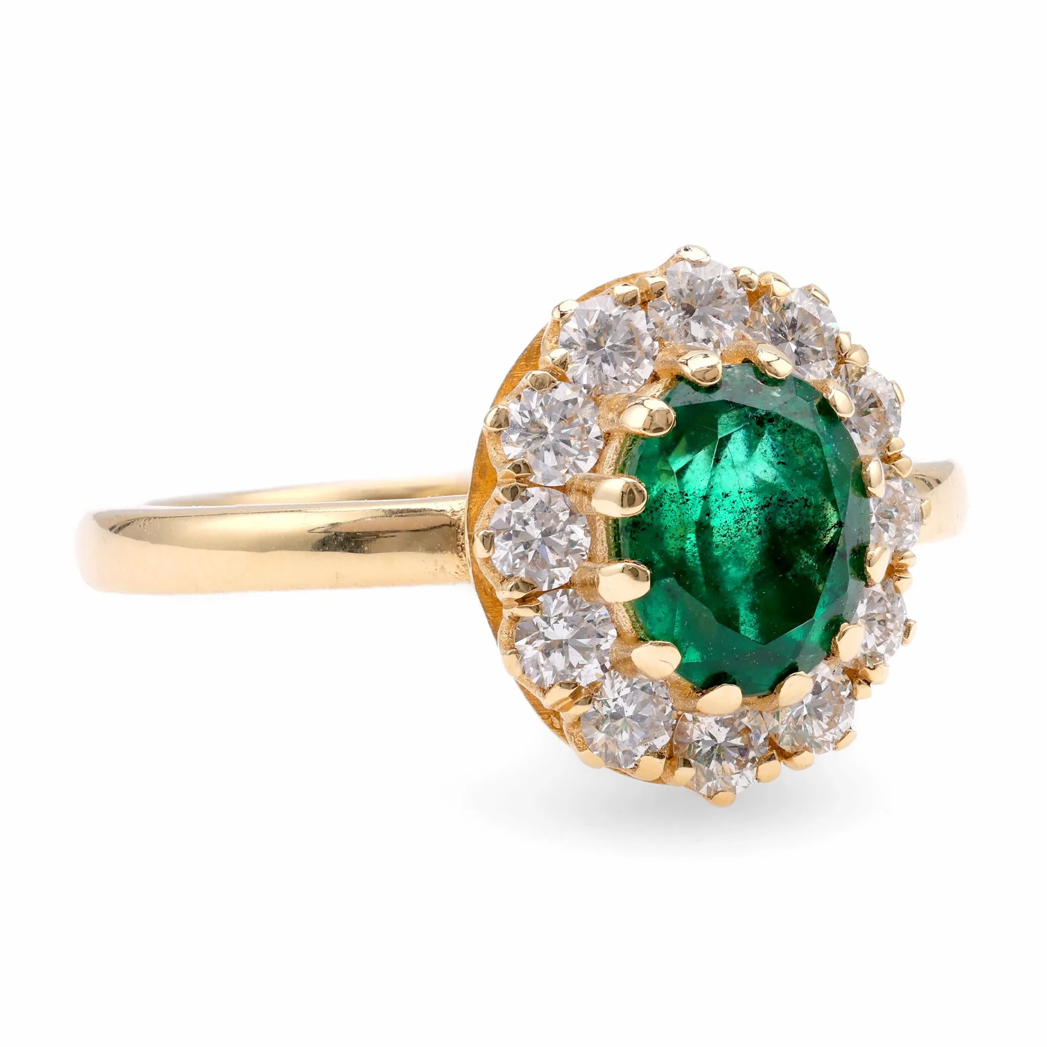 Vintage Inspired Emerald Diamond 18K Yellow Gold Ring Cluster Ring